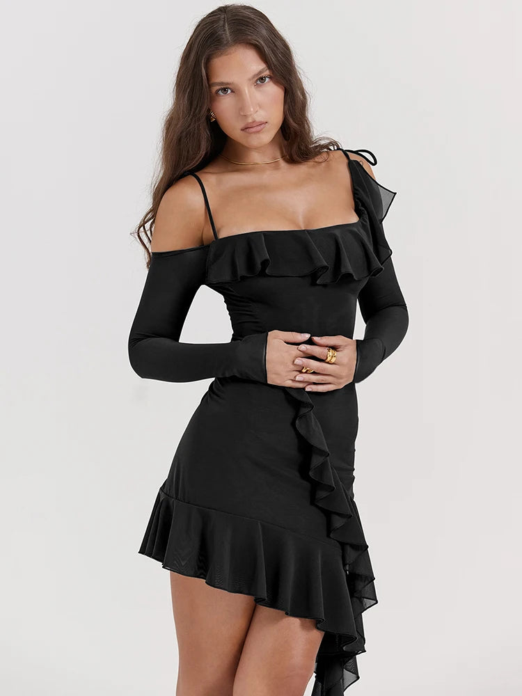 Strap One Line Neck Double Layer Long Sleeve Dress ’s Slim Fit Ruffles Irregular Mini Dress Sweet Party Club