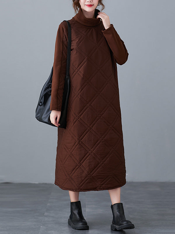 A-line Long Sleeves Color High-neck Midi Dresses