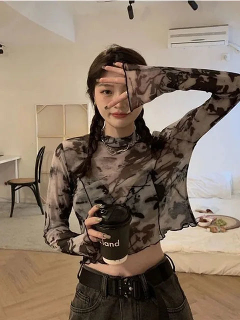Long Sleeve T-shirts Tie-dye Printed Summer Sun-proof Cropped Tops High Street Gauze Korean Style Teens Retro