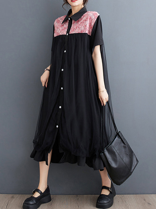Loose Short Sleeves Falbala Printed Split-joint Lapel Midi Dresses