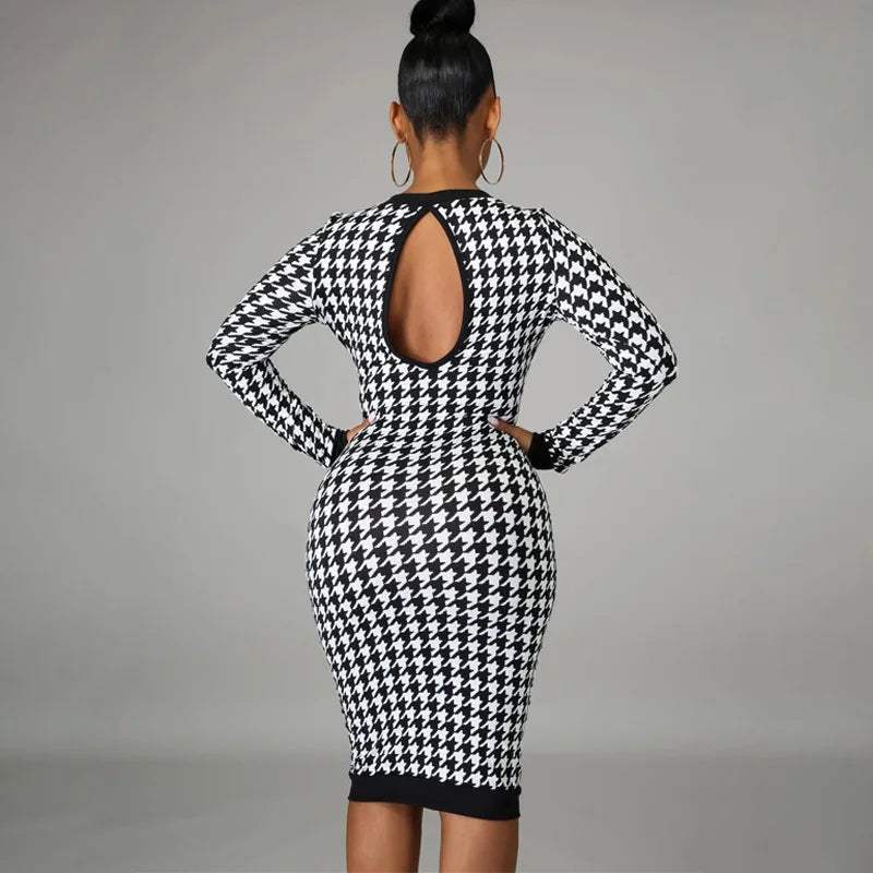 Houndstooth Print Long Sleeve Midi Dress Hollow Out Bodycon Autumn Winter Club Slim