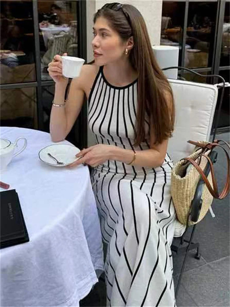 Zebra Printed Knit Long Dress ’s Sleeveless Contrast High Waist Autumn Party Dress Knitwear Clothes