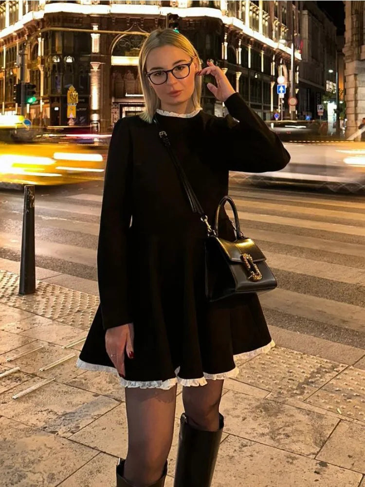 Splice Lace Mini Dress for High Waist Slim Dresses Femme Wedding Retro Temperament Dress Clothes New