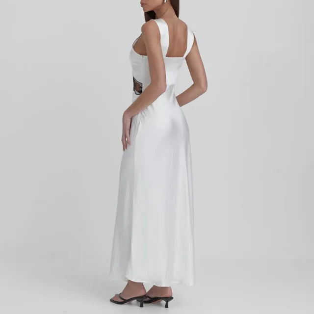 Lace Backless Hollow Maxi Dress for V Neck Patchwork Print High Waist Party Dress Female Long Dress