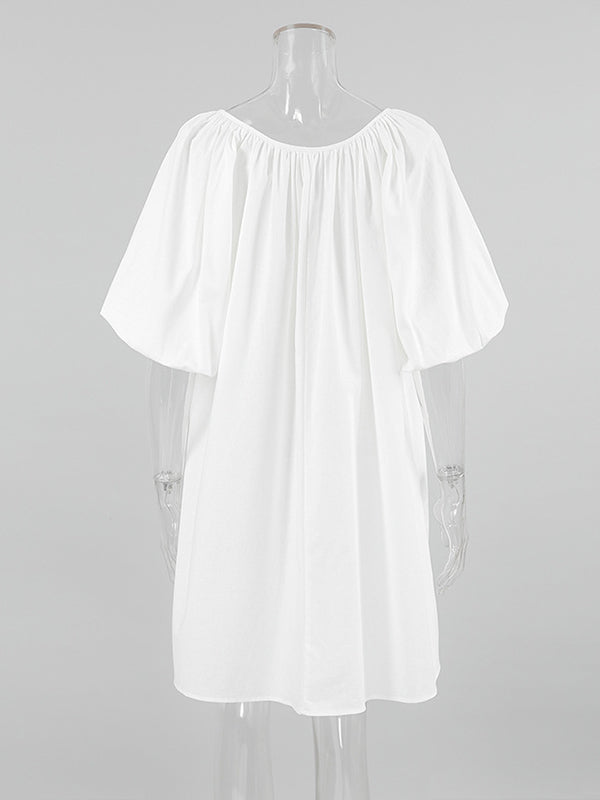 Loose Puff Sleeves Lace-up Pleated See-through Color V-neck Mini Dresses Sleep Dress