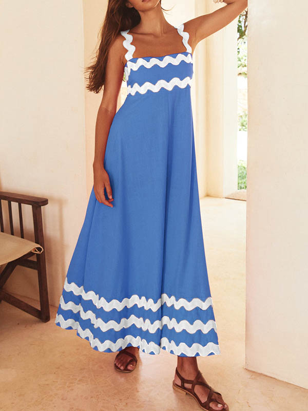 A-line High Waisted Contrast Color Zipper Square-neck Midi Dresses