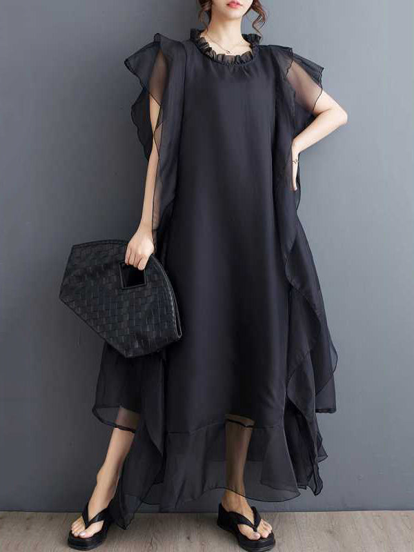 Loose Ruffle Sleeves Falbala Ruffled Color Round-neck Midi Dresses