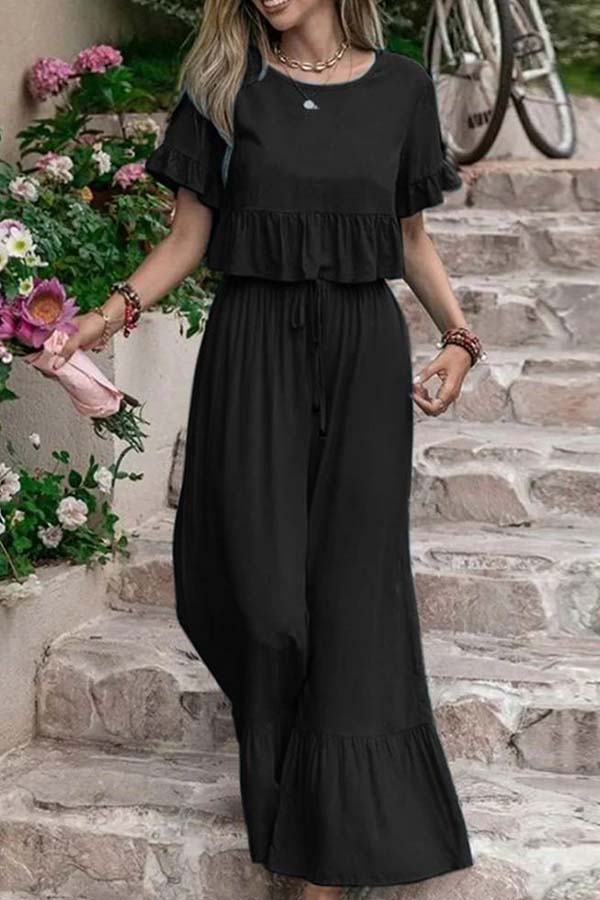 Loose Color Short-sleeved Wide-leg Pants Two-piece Set