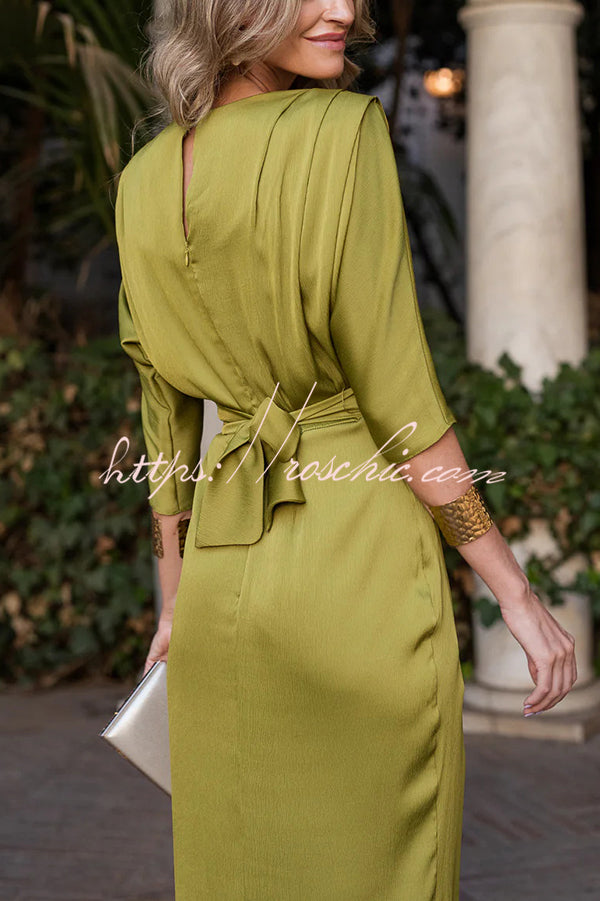 Satin Color Round Neck Half Sleeve Waist Midi Dress