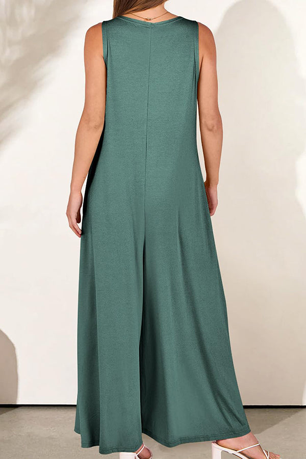 Color V-neck Sleeveless Loose Pocket Wide-leg Jumpsuit