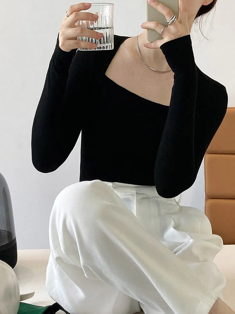 French Gentle Long-sleeved Square-neck T-shirt Slim Fake Two-piece Top Autumn Color Bottoming Shirt