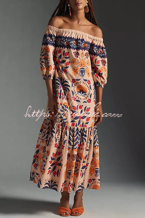 Island Lover Printed Off the Shoulder Pocketed Flowy Midi Dress