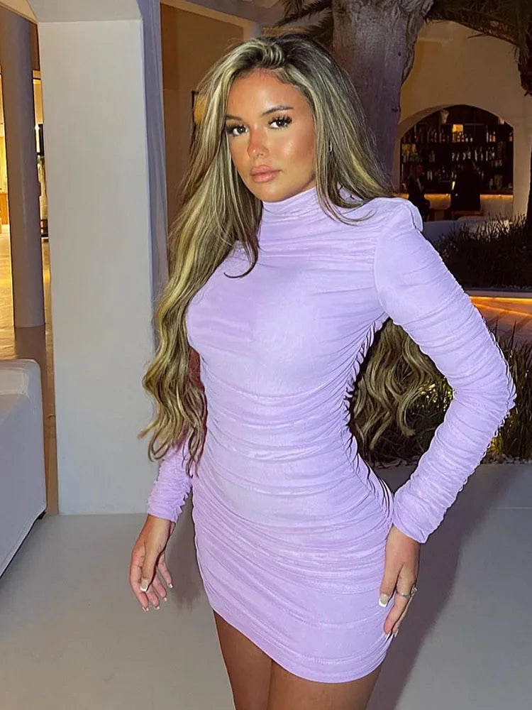 O- Neck Contrast Long Sleeve ’s Dress Party Street Stretchy Tight Ruffle Female Mini Dress Autumn New