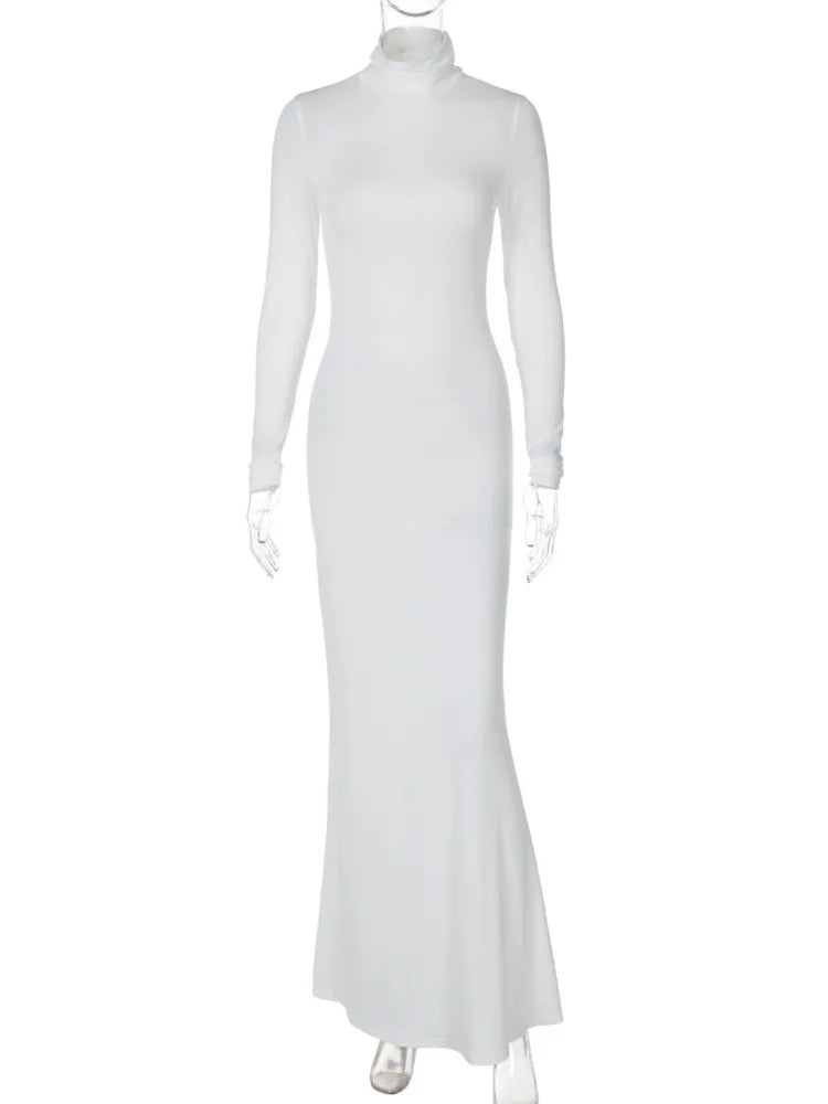 Turtleneck Long Sleeve Maxi Dress Gown Autumn Winter New Long Dress Femme Floor-length Dress