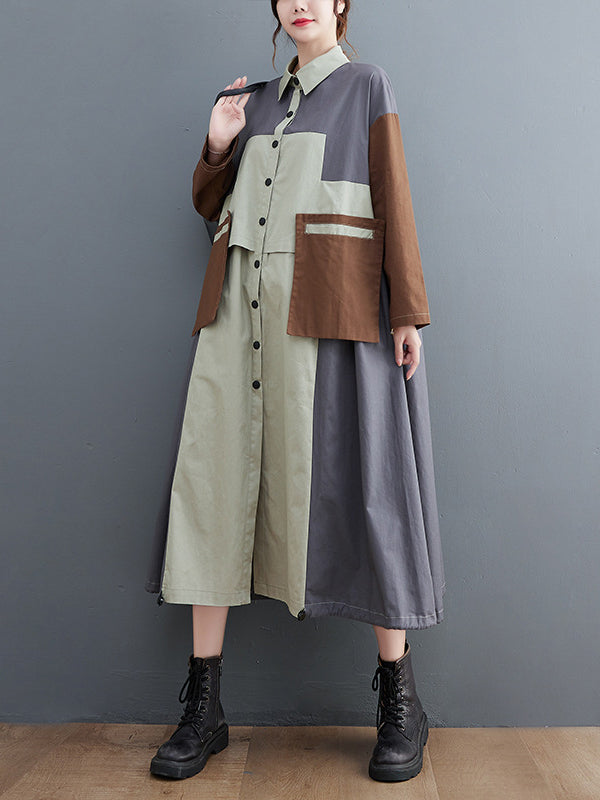 Loose Long Sleeves Contrast Color Polo Midi Dresses