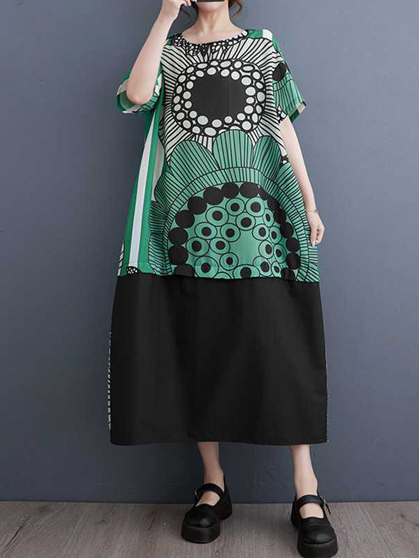 A-line Loose Flower Print Pockets Split-joint Round-neck Midi Dresses