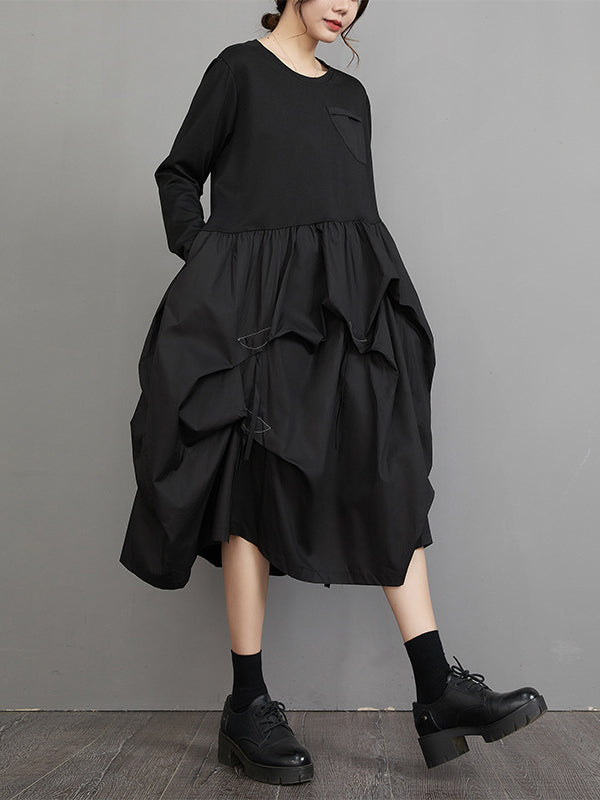 Long Sleeves Loose Split-joint Color Round-neck Midi Dresses
