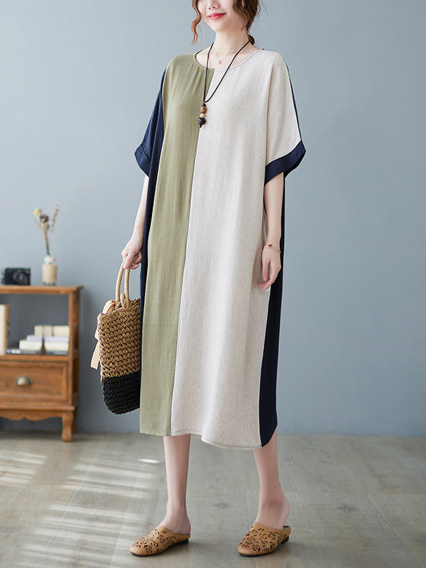 Half Sleeves Loose Contrast Color Round-neck Midi Dresses