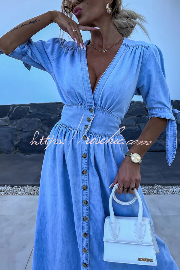 Color V-neck Button-down Denim Midi Dress