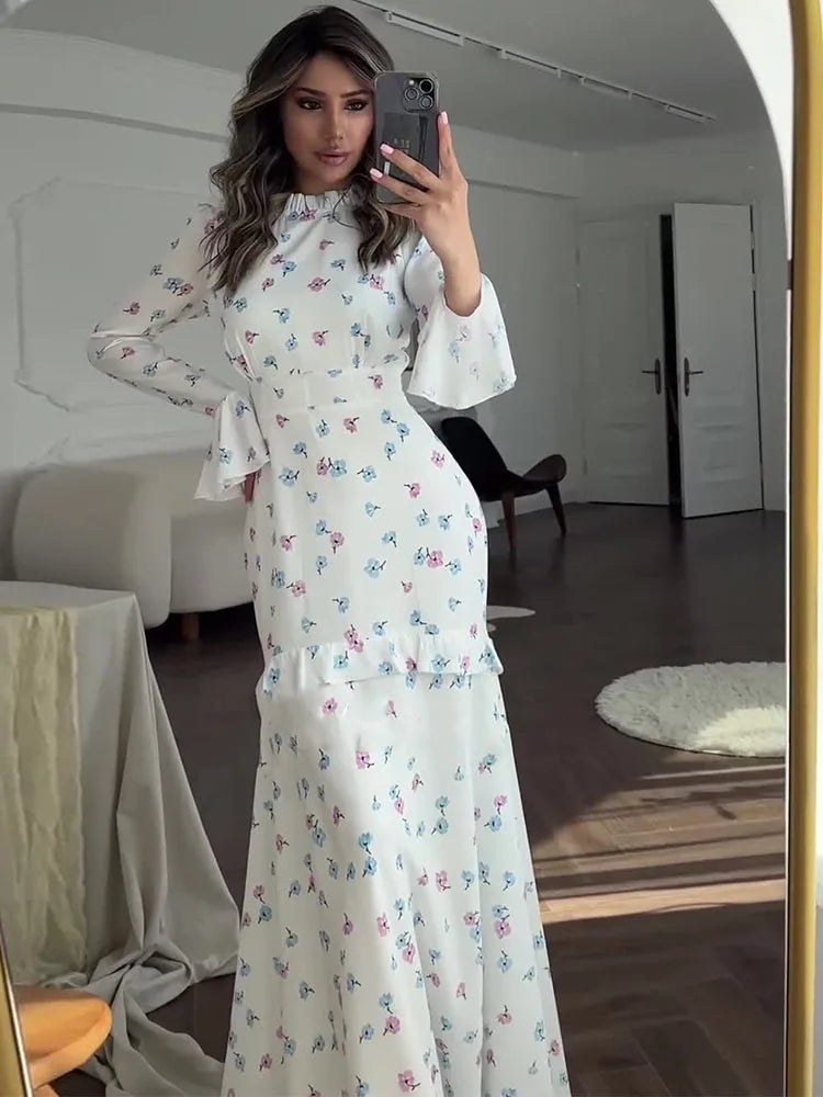 Ruffle Printed Long Sleeve Long Dress ’s Contrast Color Slim Fit Lace Waist Summer Long Dress