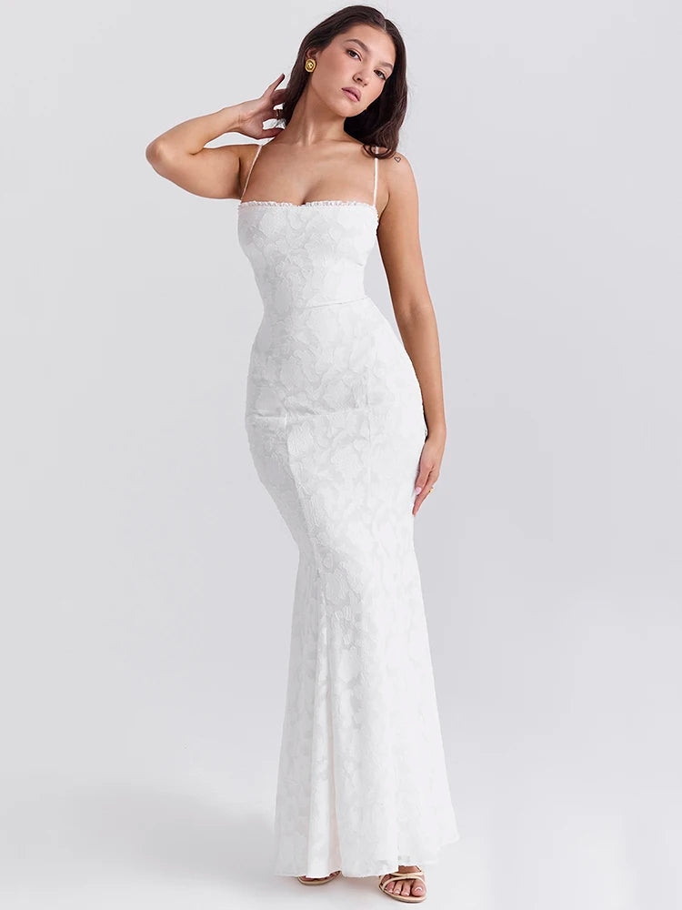 White Backless Lace-up Maxi Dress for Gown Summer New Spaghetti Strap Sleeveless Bodycon Party Long Dress