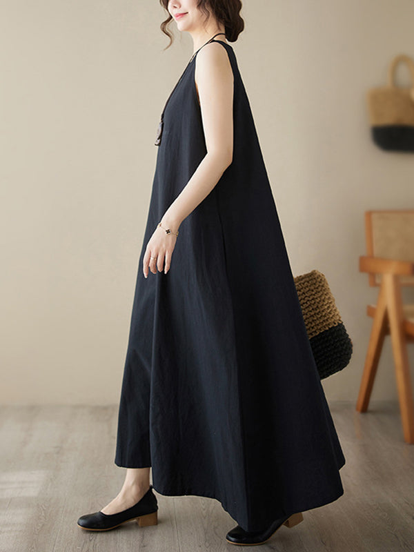 Loose Sleeveless Color Round-neck Midi Dresses