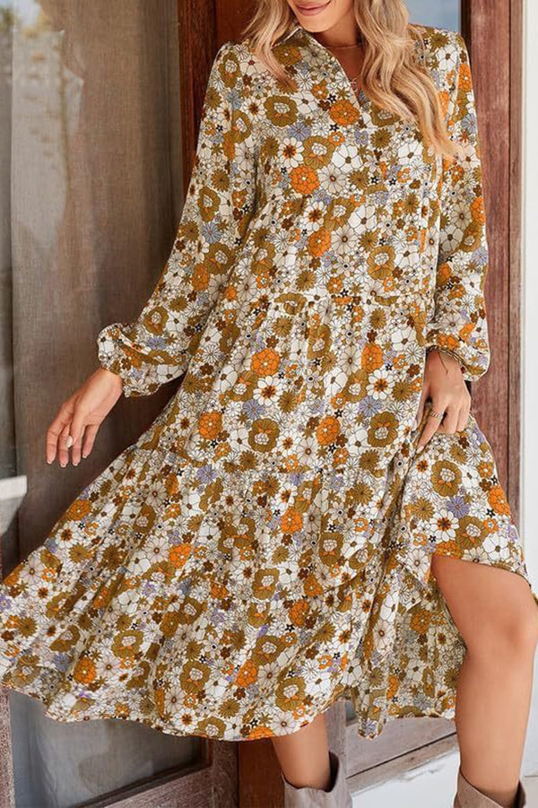 Print Loose Long Sleeve Midi Dress
