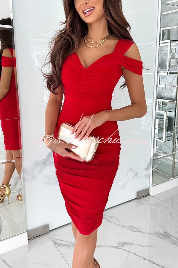 Raise a Toast Cold Shoulder Ruched Pencil Midi Dress