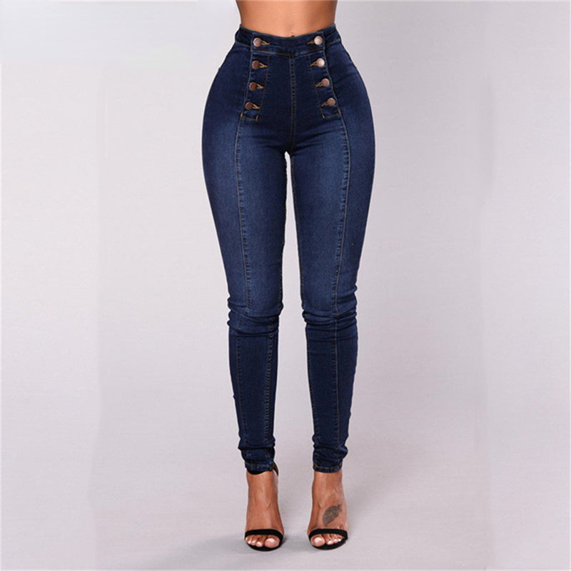 Skinny Double-breasted High Waist Pencil Jeans Slim Fit Stretch Denim Pants Full Length Denim Tight