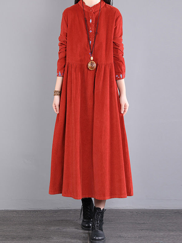 Corduroy Long Sleeves A-line Embroidered Round-neck Midi Dresses