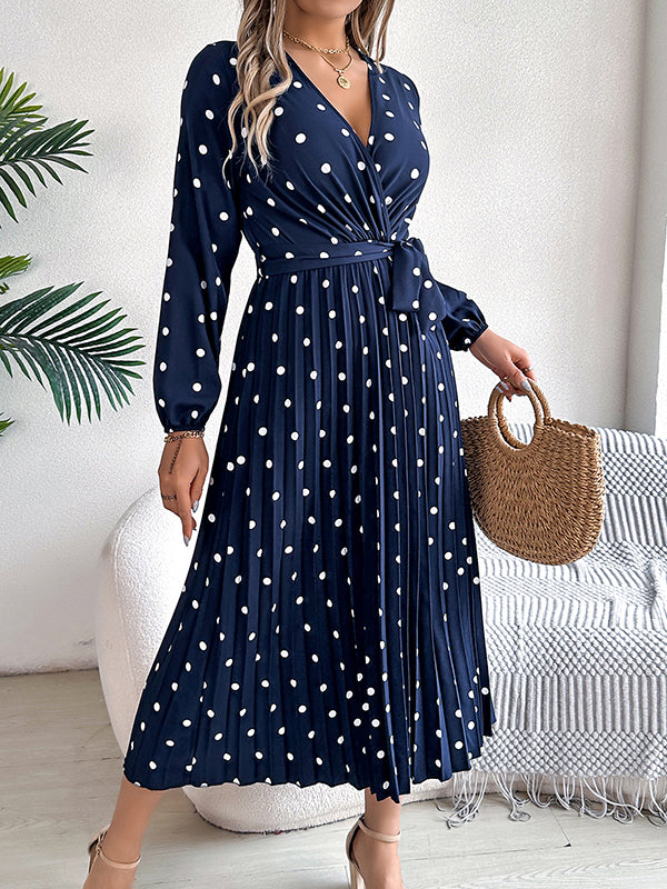 A-line High Waisted Elasticity Pleated Polka-dot Split-joint Tied Waist V-neck Midi Dresses Shirt Dress