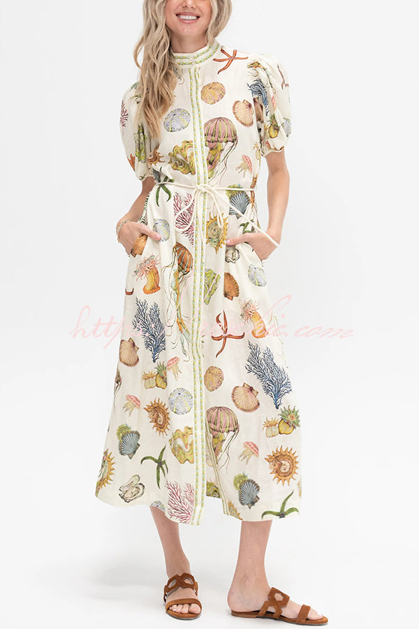 Beach Shell Print Puff Sleeve Tie-waist Midi Dress