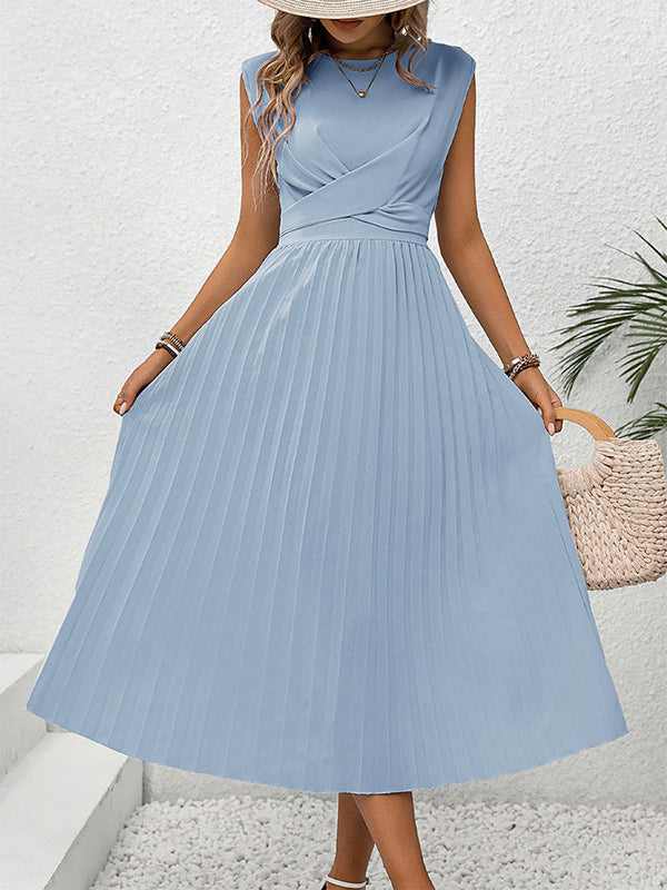Loose Raglan Sleeve Elasticity Pleated Color Split-joint Tied Waist Round-neck Midi Dresses
