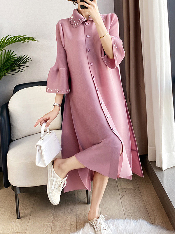 Loose Three-quarter Sleeves Beaded Pleated Lapel Midi Dresses