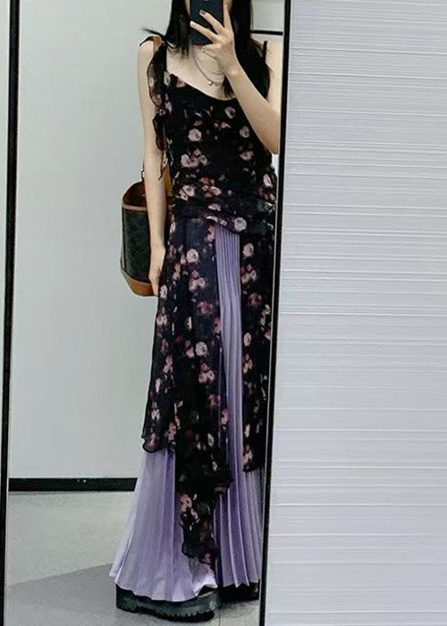 Black Ruffled Print Chiffon Two-piece Set Sleeveless Qp030