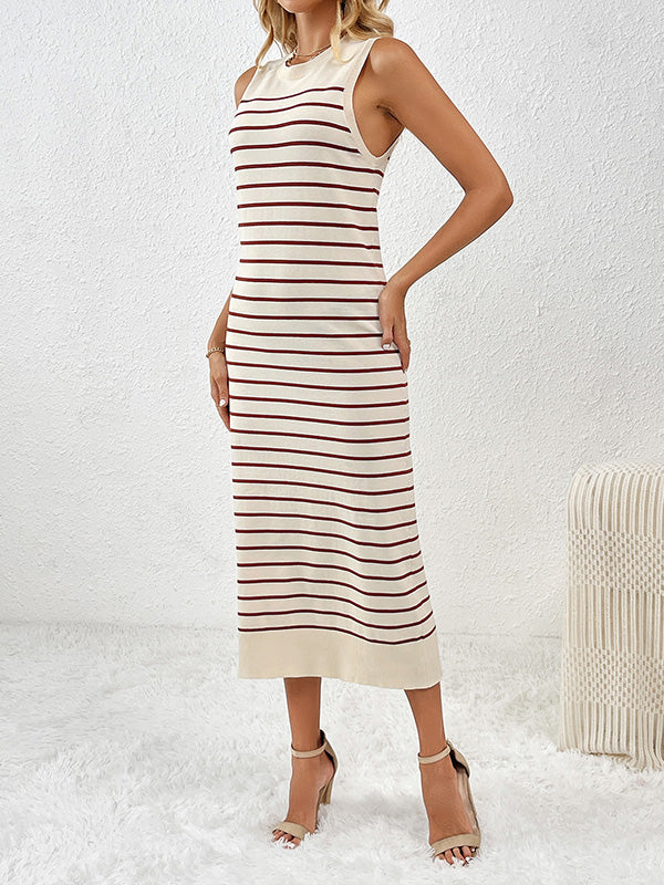 Loose Sleeveless Striped Round-neck Knit Dresses Midi Dresses