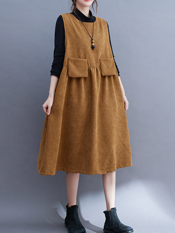 Artistic Retro Loose Sleeveless Color Round-neck Midi Dresses