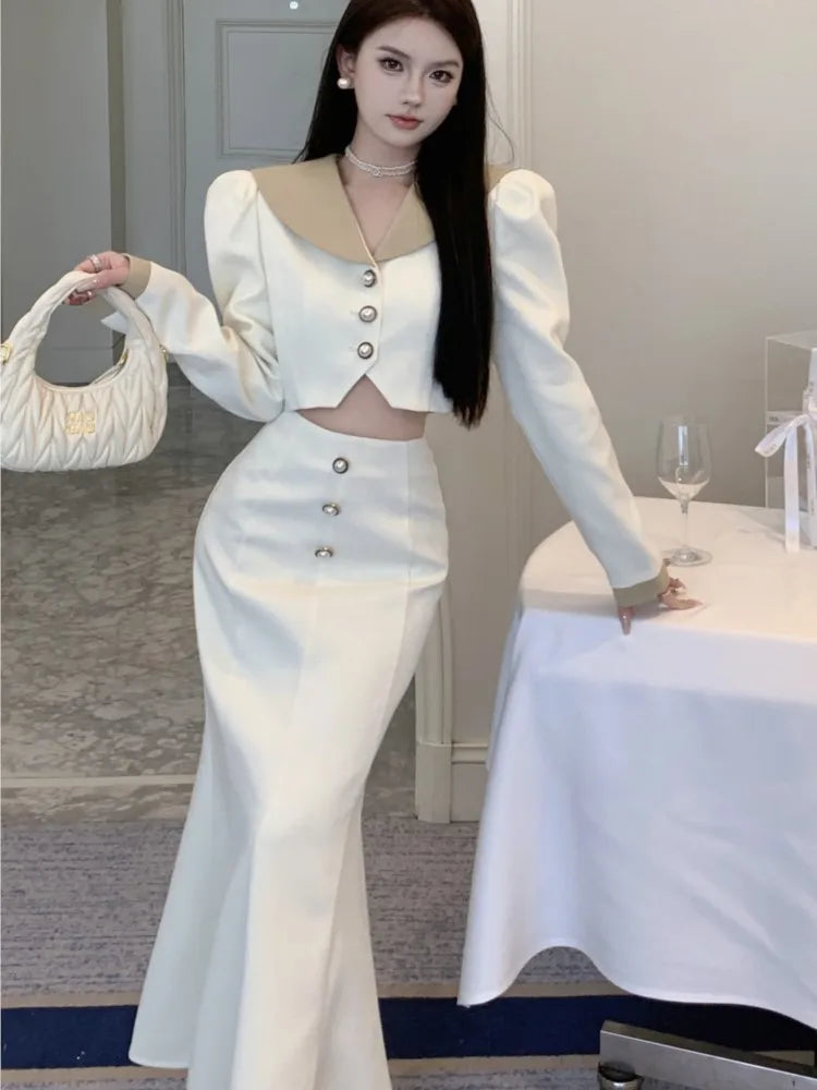 Two Piece Set Long Sleeves Short Coat + High Waist Mermaid Skirt Autumn Winter Korean Style Patchwork Outfit
