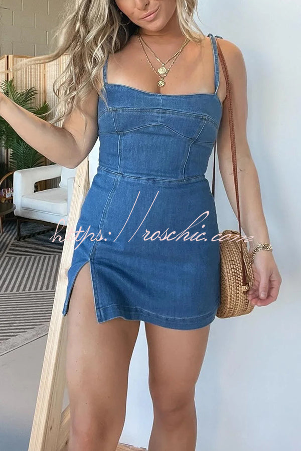 Backless Slim Fit Slit Denim Mini Dress