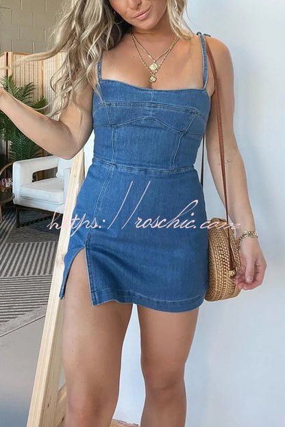 Backless Slim Fit Slit Denim Mini Dress