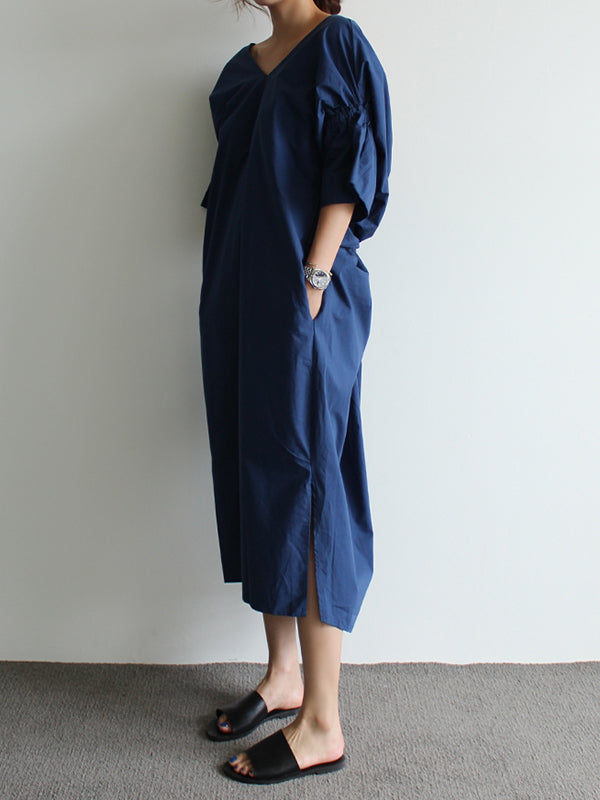 Half Sleeves Loose Pleated Color V-neck Midi Dresses