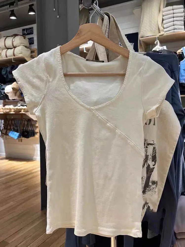 Slim T-shirt Summer V Neck Cotton Top Femme Sweet Y2k Simple Tee Tops Woman Clothes