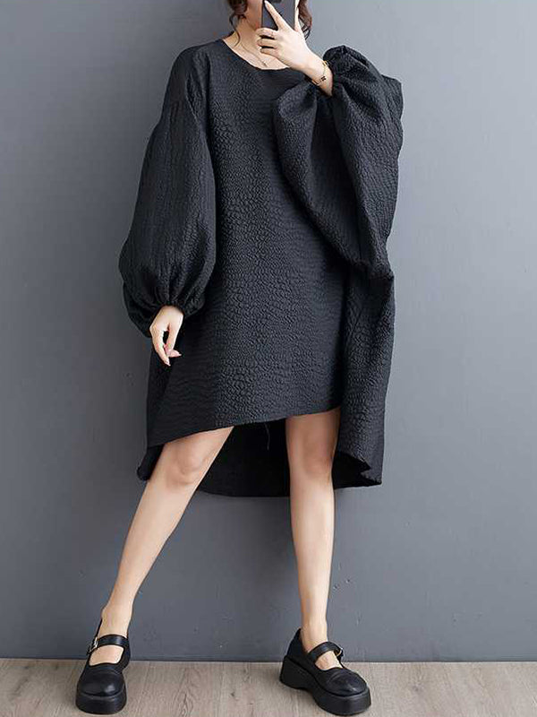 High-low Long Sleeves Elasticity Color Split-joint Round-neck Midi Dresses