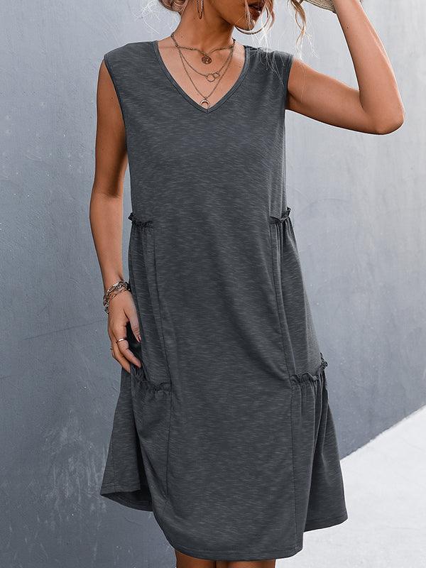 A-line Loose Pleated Color Split-joint V-neck Midi Dresses