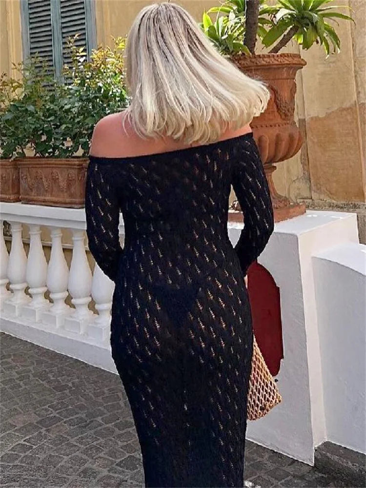 Knit Off-shoulder Maxi Dress – Patchwork Hollow Out Knitwear Dress