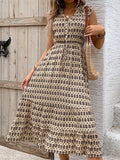 A-line High Waisted Buttoned Drawstring Pockets Printed Split-joint V-neck Midi Dresses