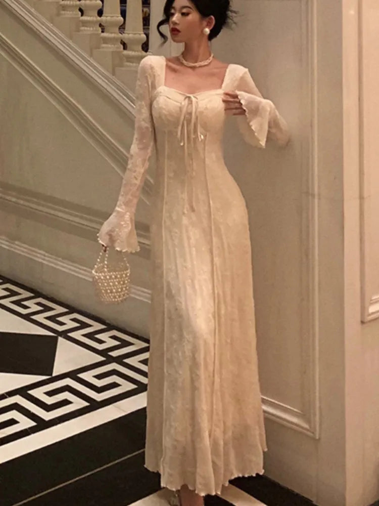 ’s Midi Dress Flare Sleeves Square Collar A-line Lace Up Autumn Spring French Prom Robe Vestidos New