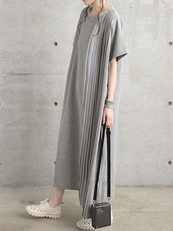 Loose Short Sleeves Pleated Color Split-joint Round-neck Midi Dresses