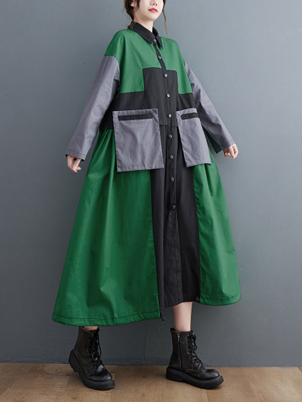 Loose Long Sleeves Contrast Color Polo Midi Dresses