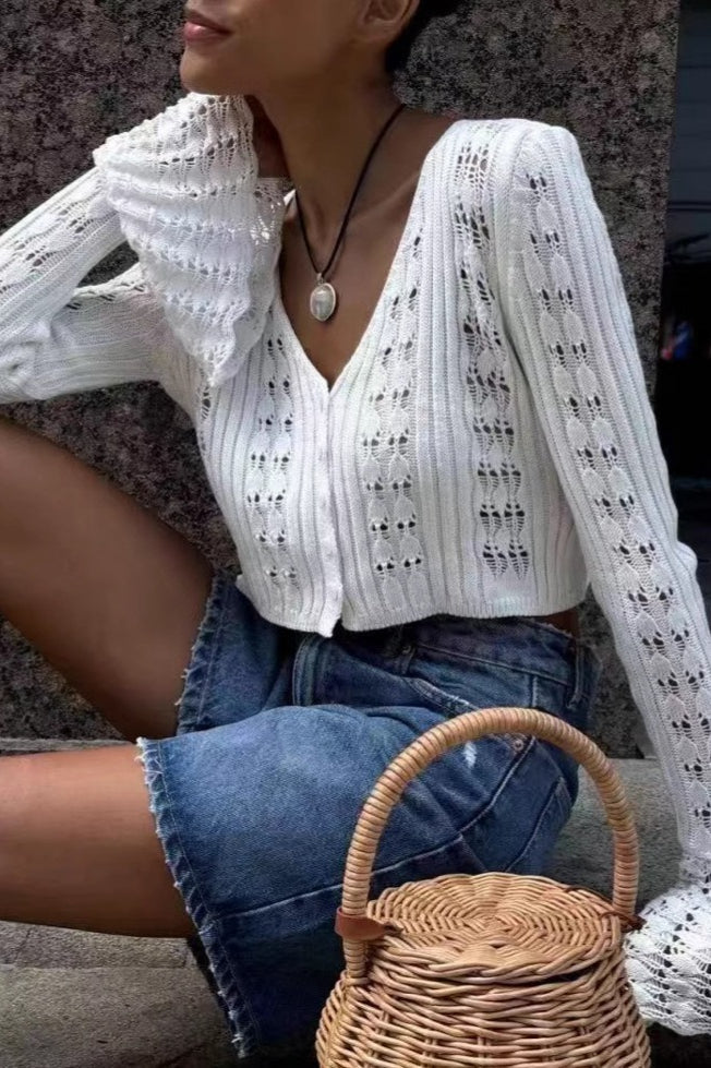 Cutout V-neck Short Long-sleeve Knit Cardigan
